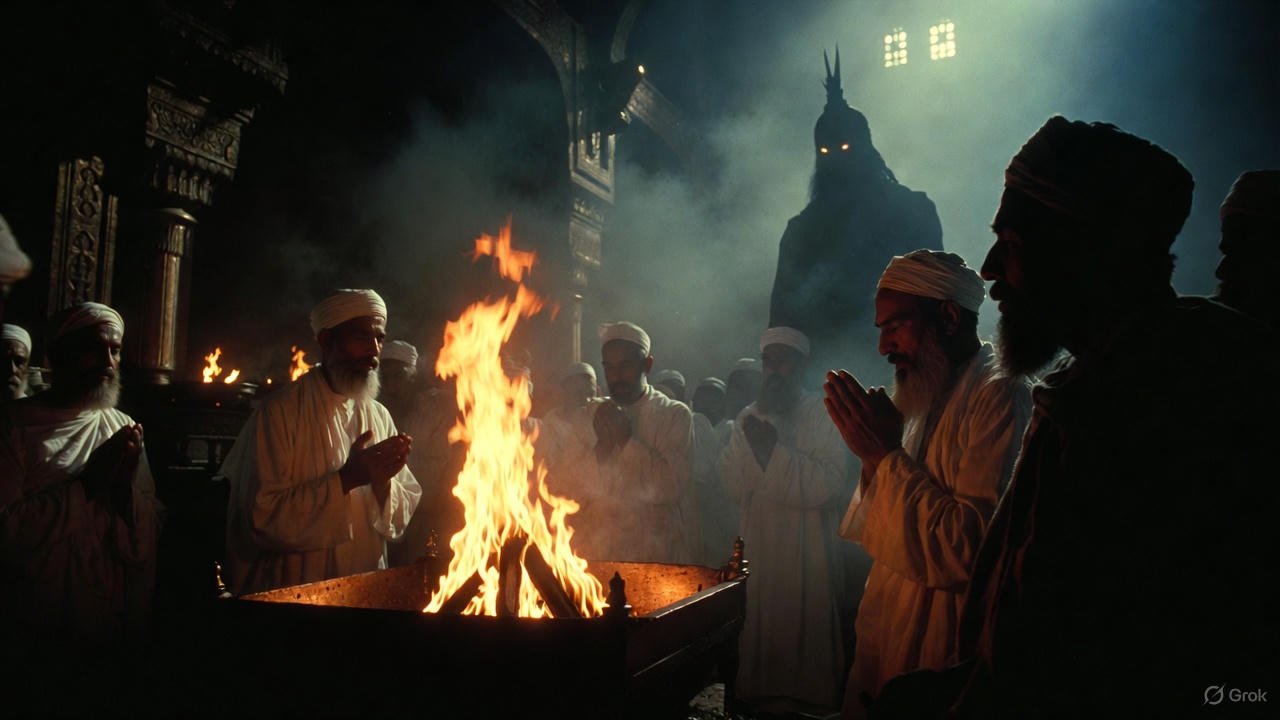 Zerdüştlük: Beyaz giyimli rahipler ateş tapınağında dua ediyor. Karanlık bir gölge figürü karşıtlık yaratıyor. Düalizm ve kozmik savaş atmosferi.