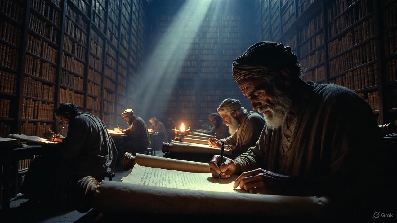 Sumerian Ziggurat: Massive structure rising from dark floodwaters, heavy rainstorm, lightning illuminating the wet stone structure, silhouettes of priests standing at the very top looking at the sky, apocalyptic weather, ancient Mesopotamia.