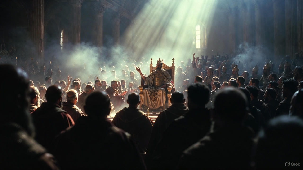 Babylonian library interior: Dusty and dim. Sorrowful Jewish scribes (soferim) writing on parchment scroll. Clay tablets lined on shelves in background. Single oil lamp illuminating the scribe's hand and text. Cinematic focus on writing hand.