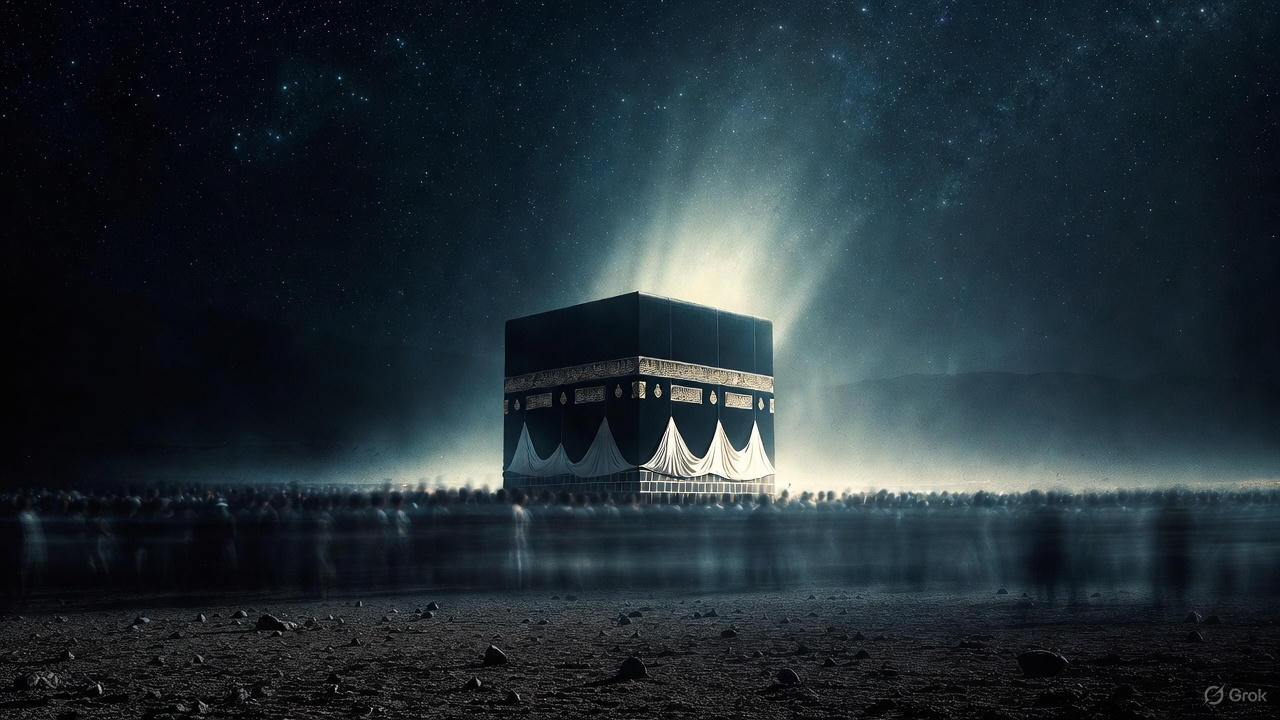 Mekke, 7. Yüzyıl gecesi: Kabe'nin etrafında tavaf eden insanların oluşturduğu hayaletimsi hareket izleri (Long exposure). Gökyüzü milyonlarca parlak yıldızla kaplı. Mistik, sessiz ve kutsal bir çöl atmosferi.